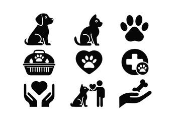 Pet Care Icons: Dog, Cat, Paw Print, Veterinary Symbols © Ritaaym