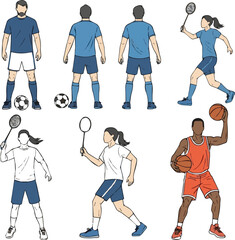 Create a CAD Drawing men, women doing sport, soccer, badminton, basketball etc, in front back and side view. Symbol for architecture and landscape design drawing. vector art with white background