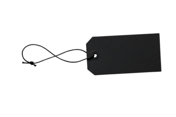 black rectangular price tag with a string, isolated on transparent background for retail, sales, and product labeling, png