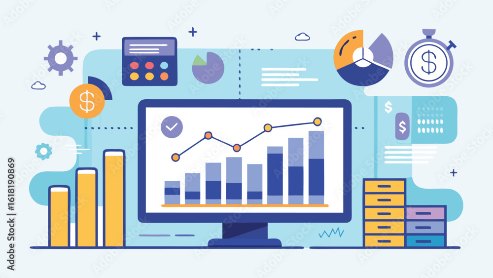 Aufkleber financial data analytics and business intelligence insights on monitor with bar graph and pie charts