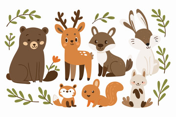 Cute Cartoon Forest Animals Illustration Set