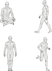 Create a CAD Drawings. Set people outlines isolated on grey background. Sitting, walking, running. Top view. vector art color with white background.