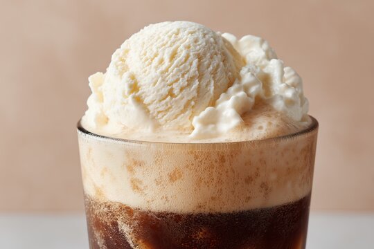 Close-Up Side View of Foamy Root Beer Float with Ice Cream on Taupe Background