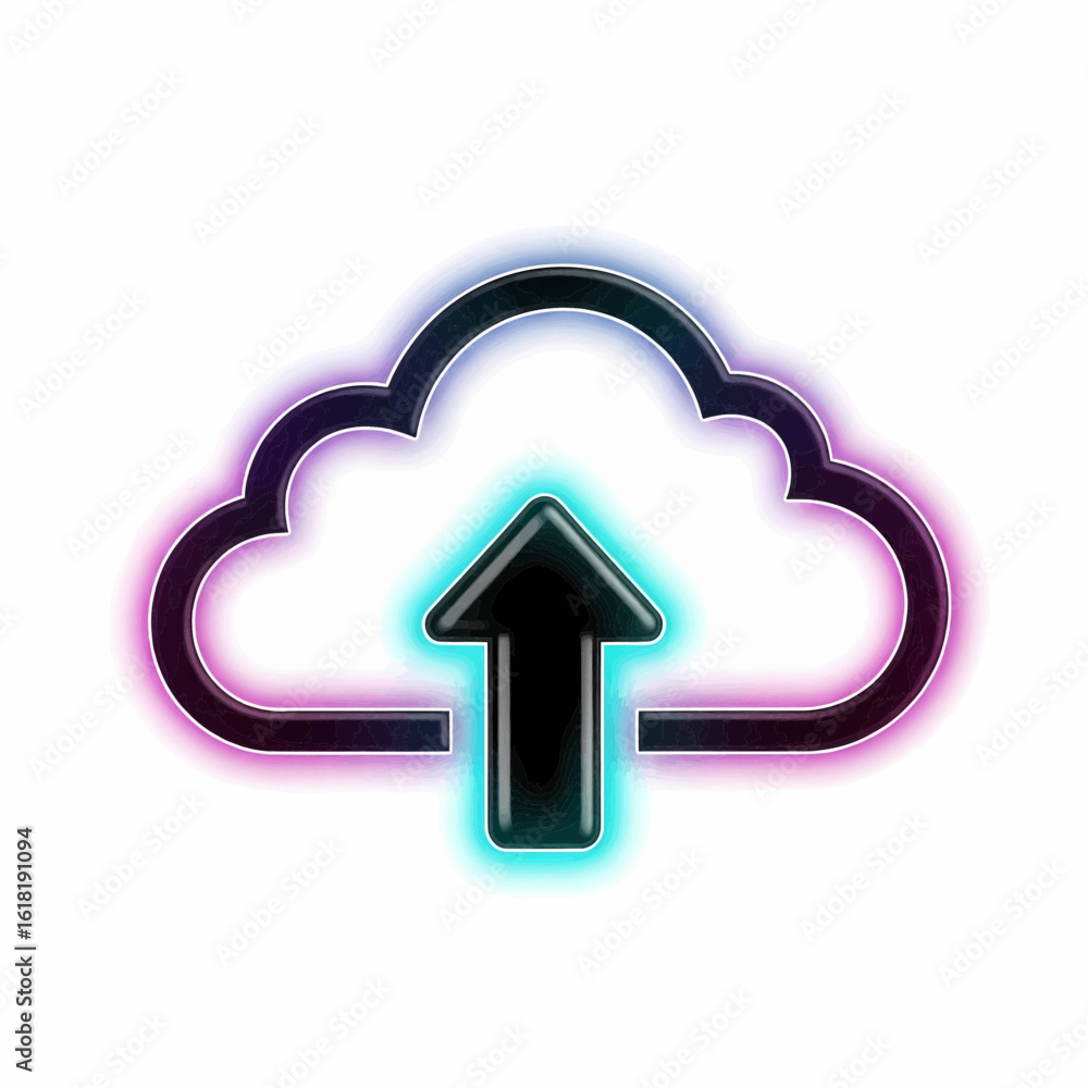 Poster neon glow cloud upload icon for data transfer and online storage technology.