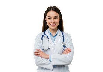 Female doctor with stethoscope smiling on transparent background