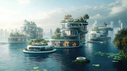 Floating city concept designs envisioning modular aquatic neighborhoods, sustainable infrastructure, innovative marine architecture, resilient urban planning, and futuristic living solutions.