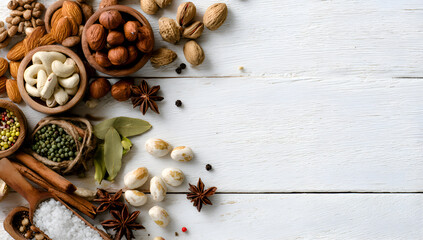 Assorted nuts and spices arranged on white wooden surface
