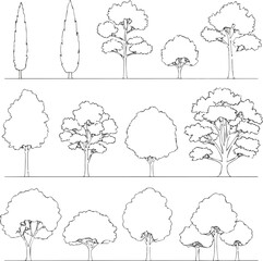 Create a Cad tree line minimal style, set of graphics trees elements outline symbol for architecture and landscape design drawing. vector art with white background.