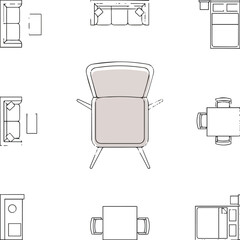 Create a Chair outline top view. Floor plan icons set for design interior and architectural project. Furniture thin line icon in top view for layout. vector art color with white background.