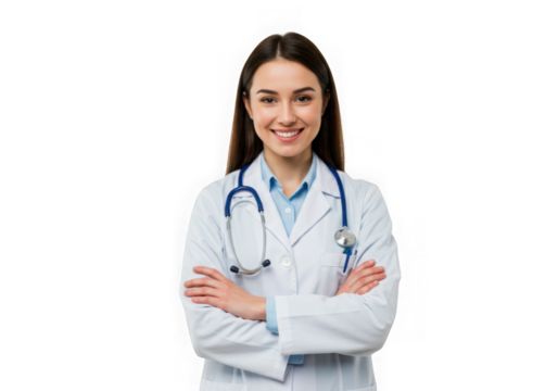 Female doctor with stethoscope smiling on transparent background
