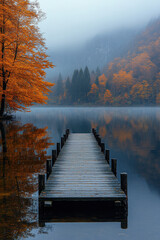 Colorful fall foliage surrounds a dock on a peaceful lake.