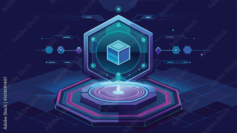 Poster futuristic portal isometric vector illustration data analysis machine learning with abstract glowing