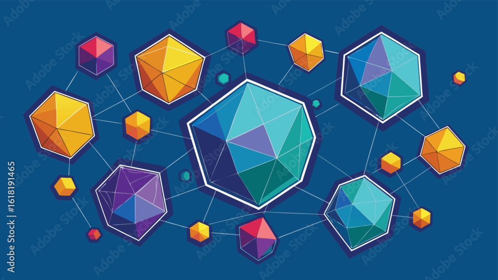 Poster geometric shapes in connected network on blue backdrop vector illustration dodecahedron and cube abs