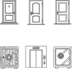 Create a Door type icons Collection in linear style Home entrance doors, classic interior doors, elevators and wooden or glass safes Simple design vector art with white background.