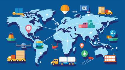 Global logistics network with transportation vehicles and world map depicting international shipping and trade across continents