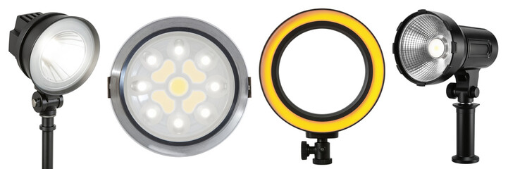 Professional Photography Lighting Equipment Set - Studio Strobe, LED Ring Light, Softbox and Spotlight on Transparent Background for Photography Tutorials and Equipment Catalogs