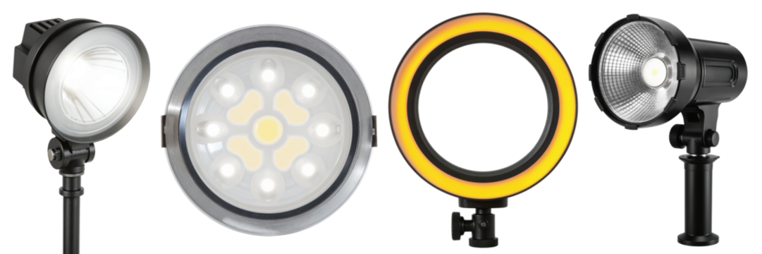 Professional Photography Lighting Equipment Set - Studio Strobe, LED Ring Light, Softbox and Spotlight on Transparent Background for Photography Tutorials and Equipment Catalogs