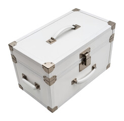White Cosmetic Case with Metal Corners and Handle on Transparent Background for Beauty Industry, Professional Makeup Storage, and Product Photography