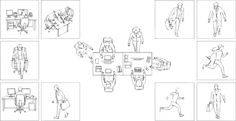 Create a kinds of deferent CAD Drawings. Set people outlines Sitting, walking, running. Top view. vector art with white background.