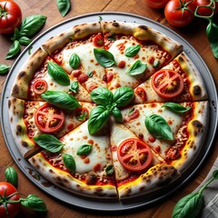 pizza with cheese tomatoes and basil food meal dinner plate fresh healthy cuisine gourmet delicious dish lunch appetizer red tomato greens close-up