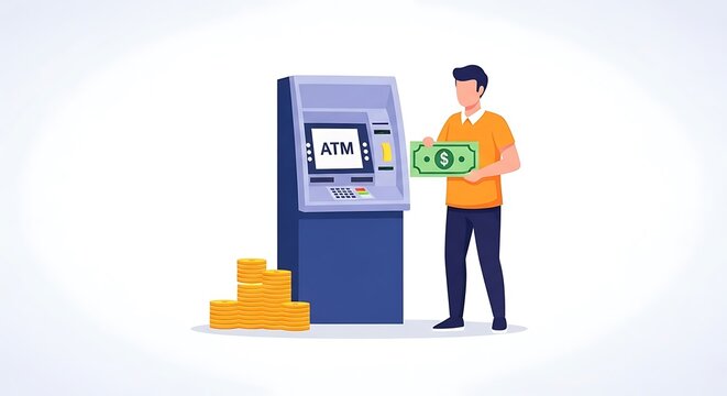 Man withdrawing cash from atm with money and coins nearby - Powered by Adobe