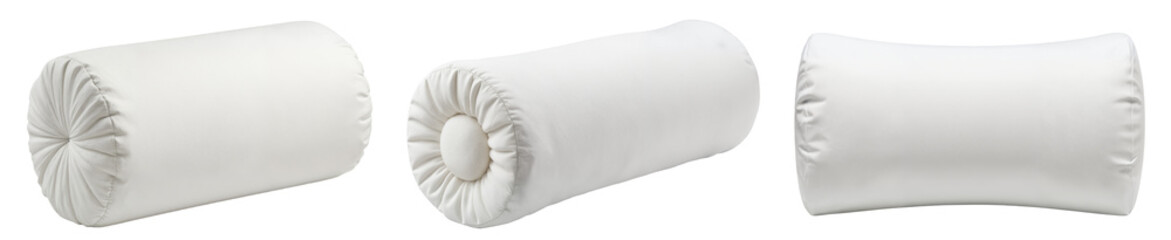 Orthopedic Neck Pillows Collection - Three White Cylindrical Memory Foam Pillows in Different Positions for Health Products, Medical Supplies, and E-commerce Websites