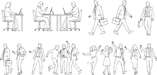 Create a kinds of deferent CAD Drawings. Set people outlines, Sitting, walking, dancing, etc. view vector art with white background.