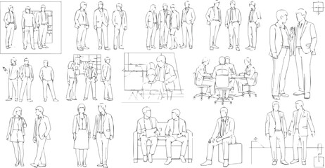 Create a kinds of deferent CAD Drawings. Set people outlines Standing, sitting, etc. vector art with white background.