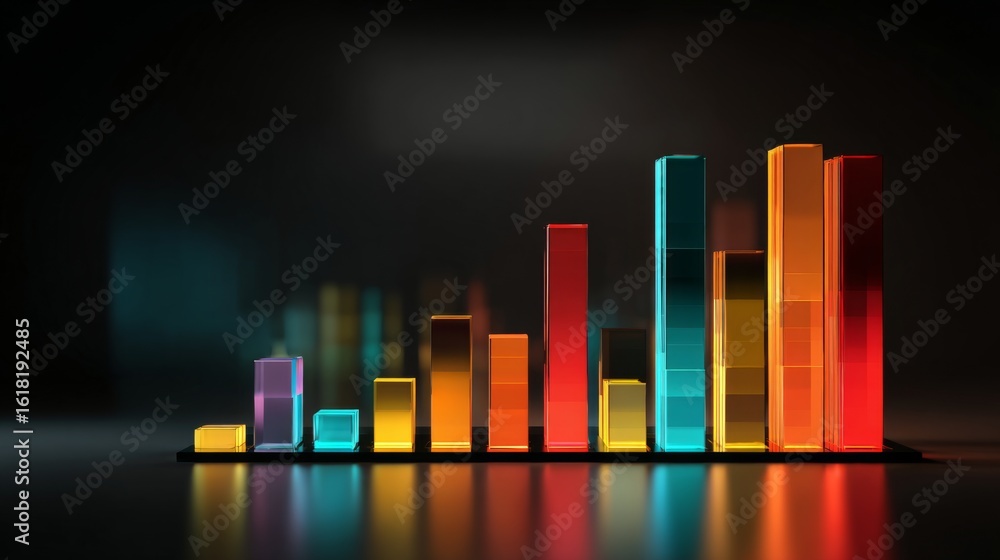 Poster a clean, modern d bar graph with light reflections and sharp edges, showing market fluctuations in v