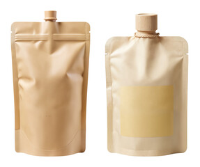 Beige Doypack Pouches with Wooden Caps - Eco-Friendly Packaging Mockup on Transparent Background for Cosmetic, Food or Beverage Branding