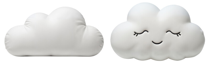 White Cloud Pillows Set – Cute Smiling and Plain Cloud Plush Toys on Transparent Background for Children's Room Decor, Nursery Design, and Product Photography