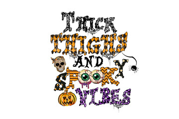 Thick Thighs and Spooky Vibes Leopard Print Halloween Typography Sublimation Design isolated on transparent background
