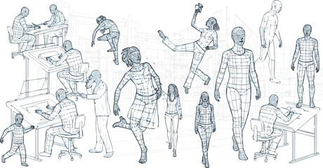 Create a kinds of deferent CAD Drawings. Set people outlines Sitting, walking, dancing, etc. vector art with white background.