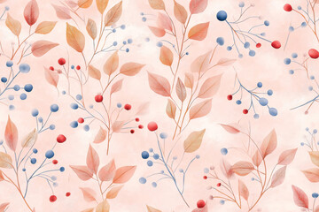 Colorful floral seamless pattern with leaves and berries on a soft pink background suitable for decorative crafts and designs