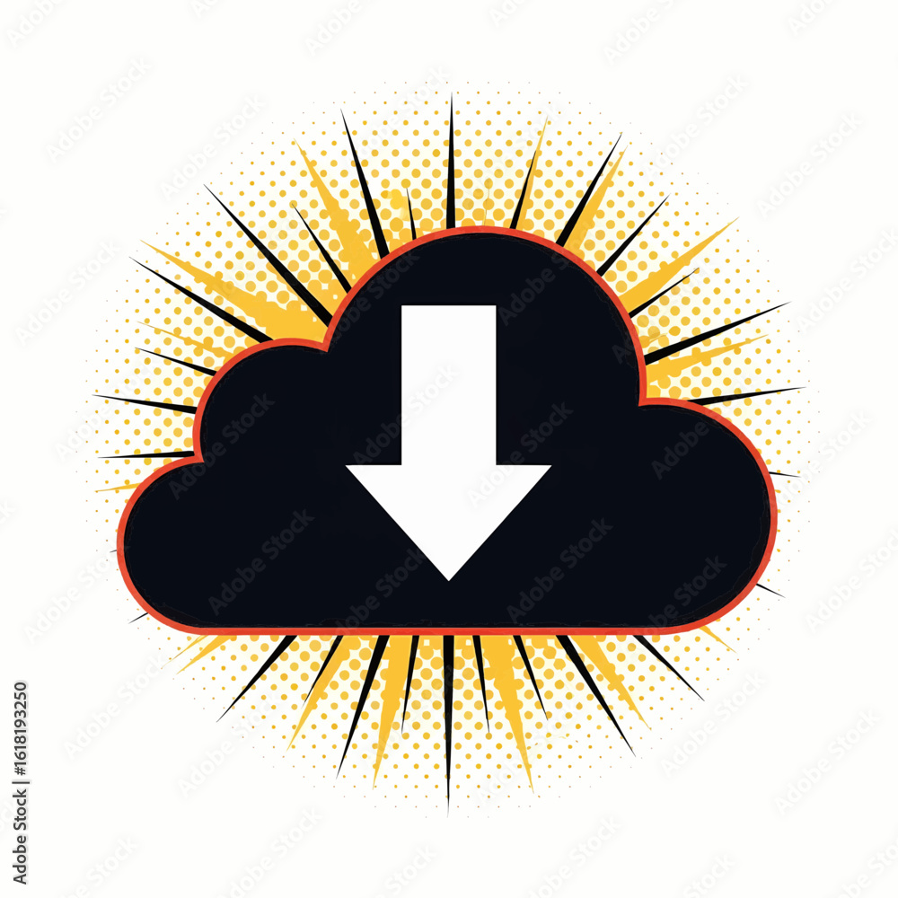 Poster dynamic pop art cloud download icon with explosion effect and halftone background.