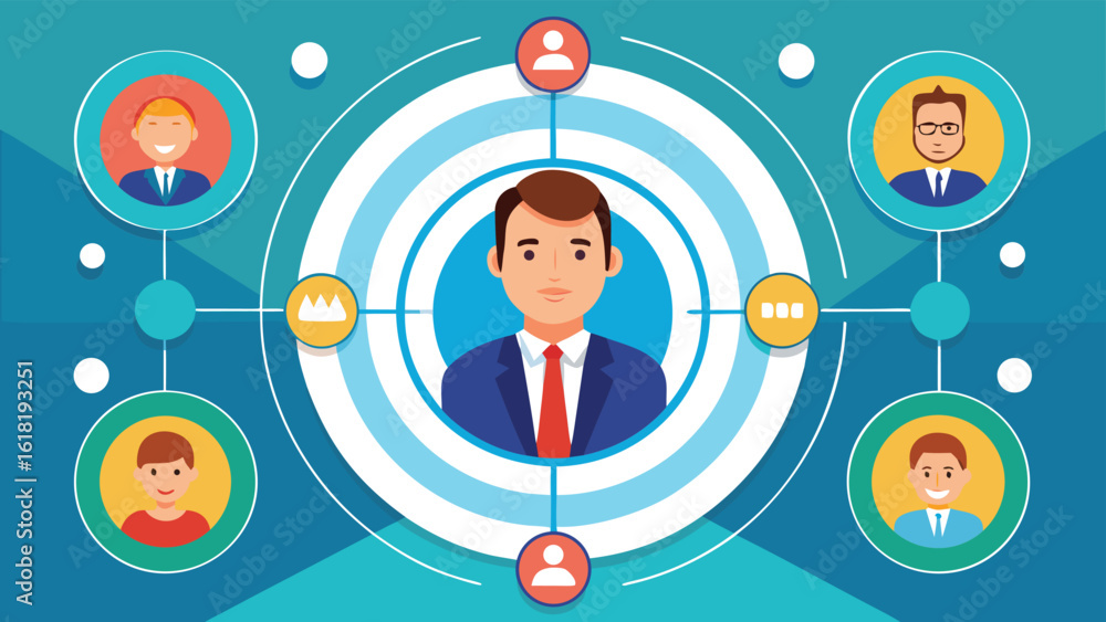 Poster professional network concept central figure connected to diverse avatars representing teamwork and c
