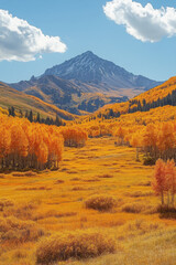 Trees in a field with distant mountains.
