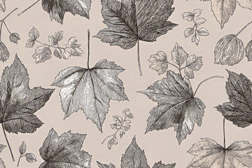 Detailed leaf Seamless patterns on a neutral background showcasing various types of foliage