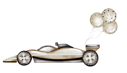 Race car watercolor illustration. Race car in pastel colors with balloons on a white background. Ideal for children's textiles, stickers and baby shower design for boys