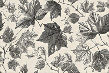 Seamless pattern of Detailed black and white illustration of autumn leaves scattered across a light background, highlighting intricate textures and patterns