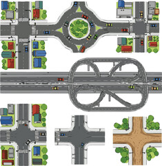 Create a kinds of deferent Crossroads in the town on top view. vector art color with white background.