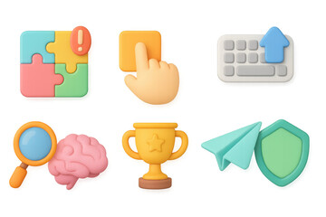 Colorful 3d icons set: puzzle, hand gesture, keyboard, brain, trophy, paper plane, shield