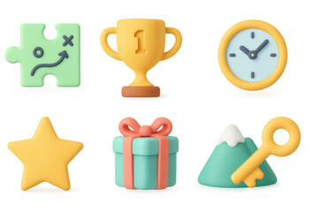 Playful 3d icons: trophy, puzzle, star, clock, mountain, gift box, key