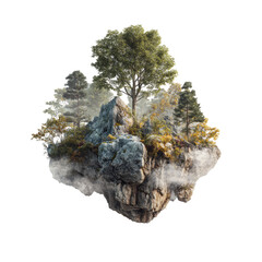 Floating island with trees and rocks, enveloped in mist