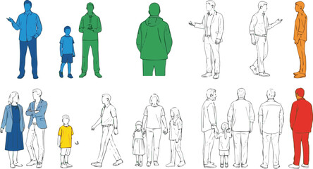 Create a kinds of deferent People line cad art men, women, and kid standing walking talking in front back and side view. Symbol for architecture and landscape design drawing. vector art .