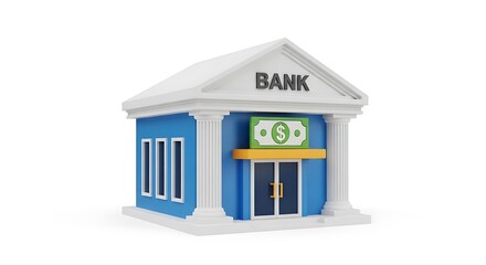 Toy bank building with money slot and dollar bills