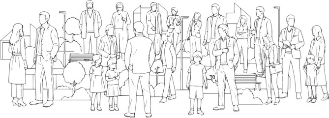 Create a kinds of deferent People line cad art of men, women, and kid standing walking talking in front back and side view. Symbol for architecture and landscape design drawing. vector art.