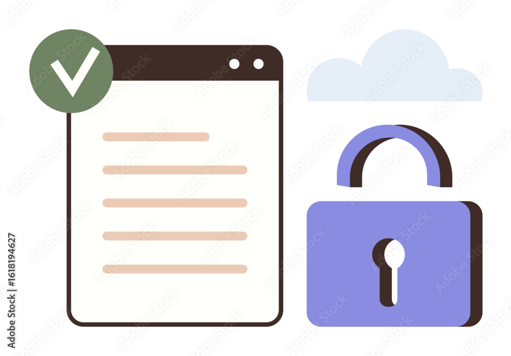 Poster browser window with text and green checkmark, lock icon, and cloud. ideal for security, privacy, enc