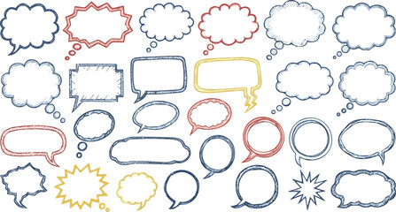 Create a kinds of deferent Set of hand-drawn speech bubbles. Speech balloon, frames, stylish, handwritten, doodle vector art color with white background.