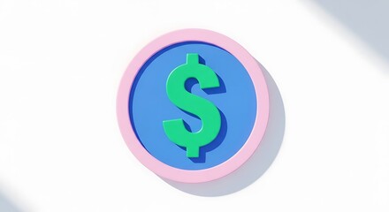 Bright green dollar sign on blue and pink coin